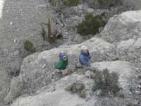 073-looking_down_from_pinnacle_to_Ed_and_Luba-lots_of_loose_rock